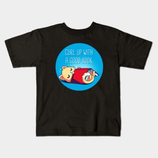 Curl Up With A Good Book! Cute Funny Cat Kitten Reading Book Lover Artwork Kids T-Shirt